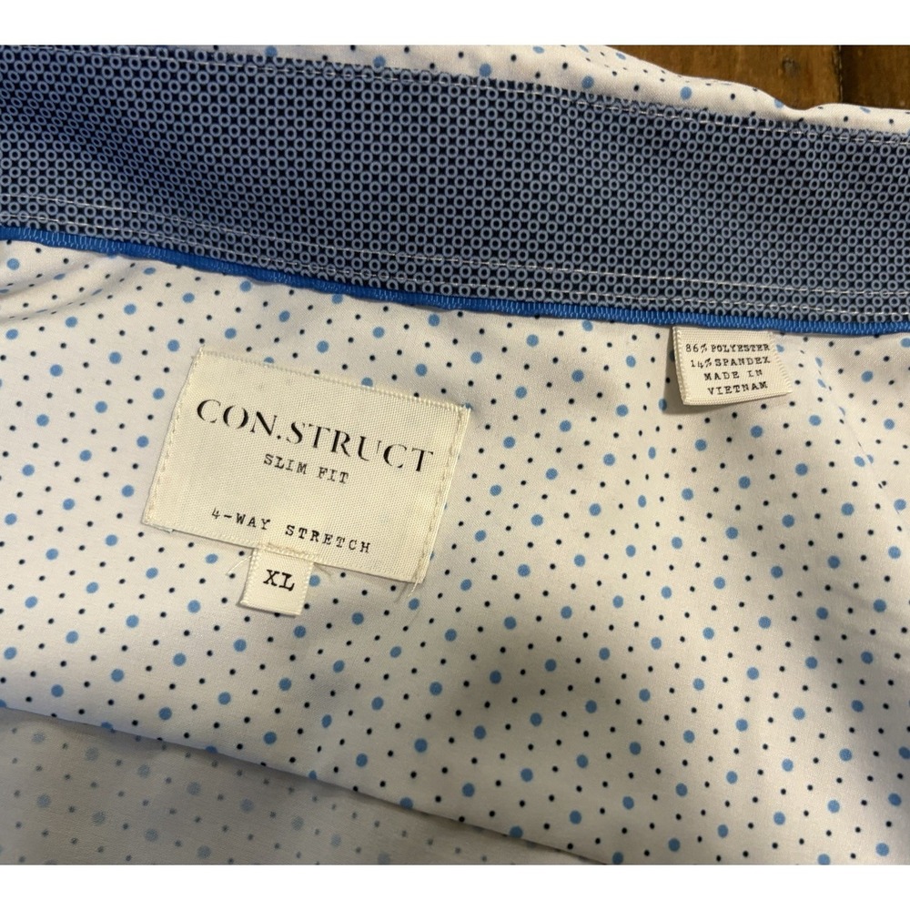 Men's CON.STRUCT Slim Fit 4-Way Stretch Shirt XL White Blue Polka Dot Button Up - Picture 4 of 8